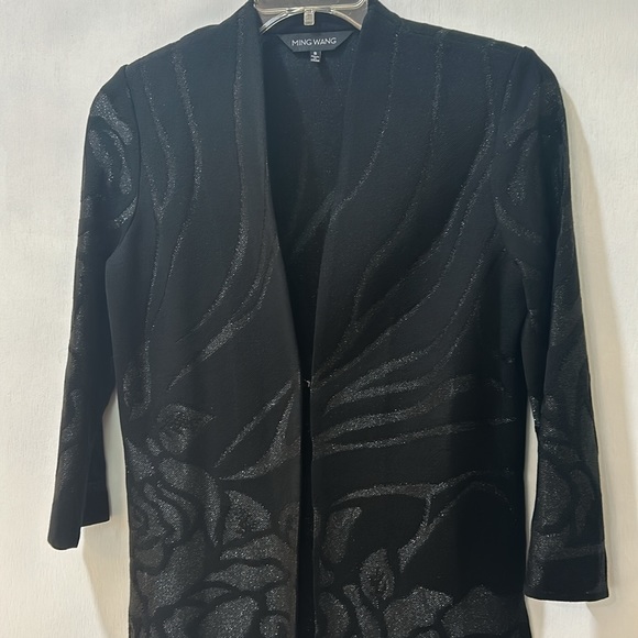 MING WANG OPEN CARDIGAN SWEATER WOMEN Sz SMALL BLACK FLORAL LONG SLEEVES - Picture 4 of 13